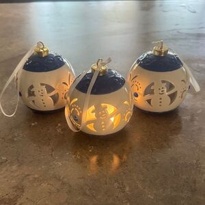 Set of Three Ceramic Snowman Ornaments with Lights